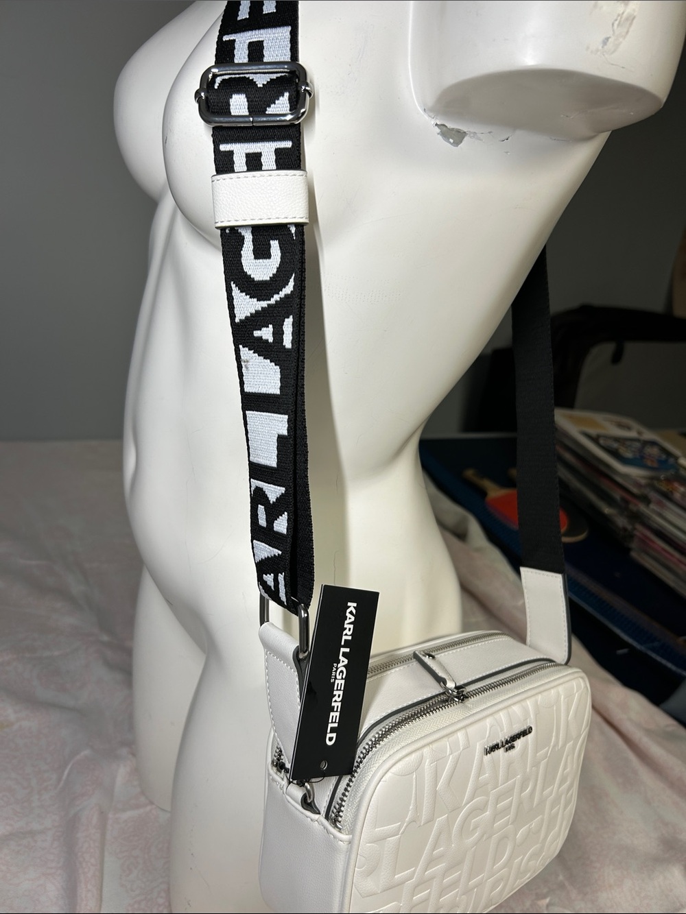 Karl Lagerfeld White Embossed Logo Camera Bag with Black Strap - Picture 2 of 4